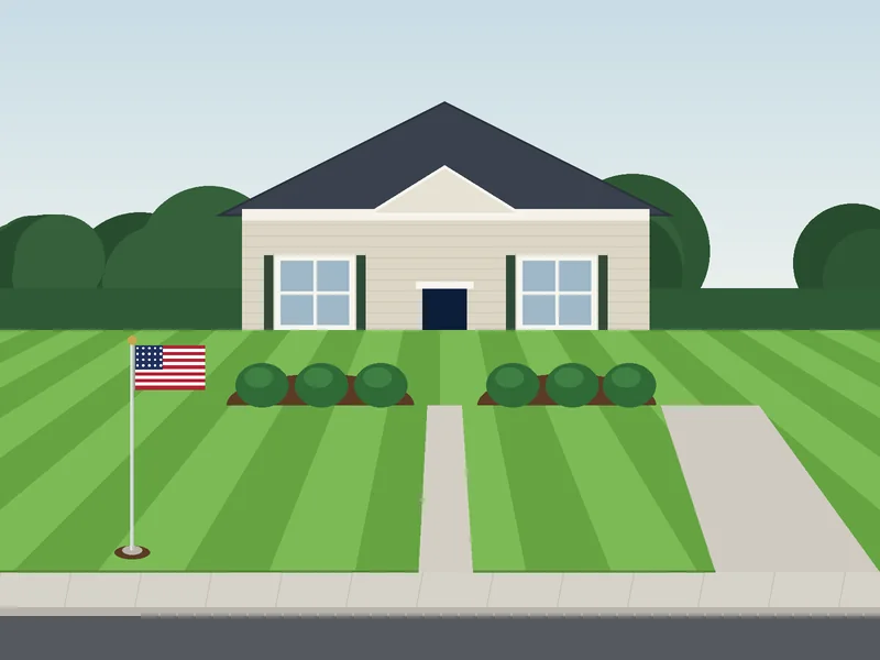 The same front yard after service: striped lawn, crisp edges and trimmed shrubs